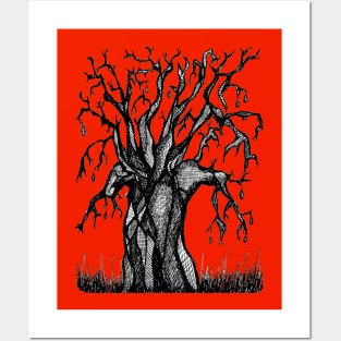 Red Baobab Artistic Line Drawing Posters and Art